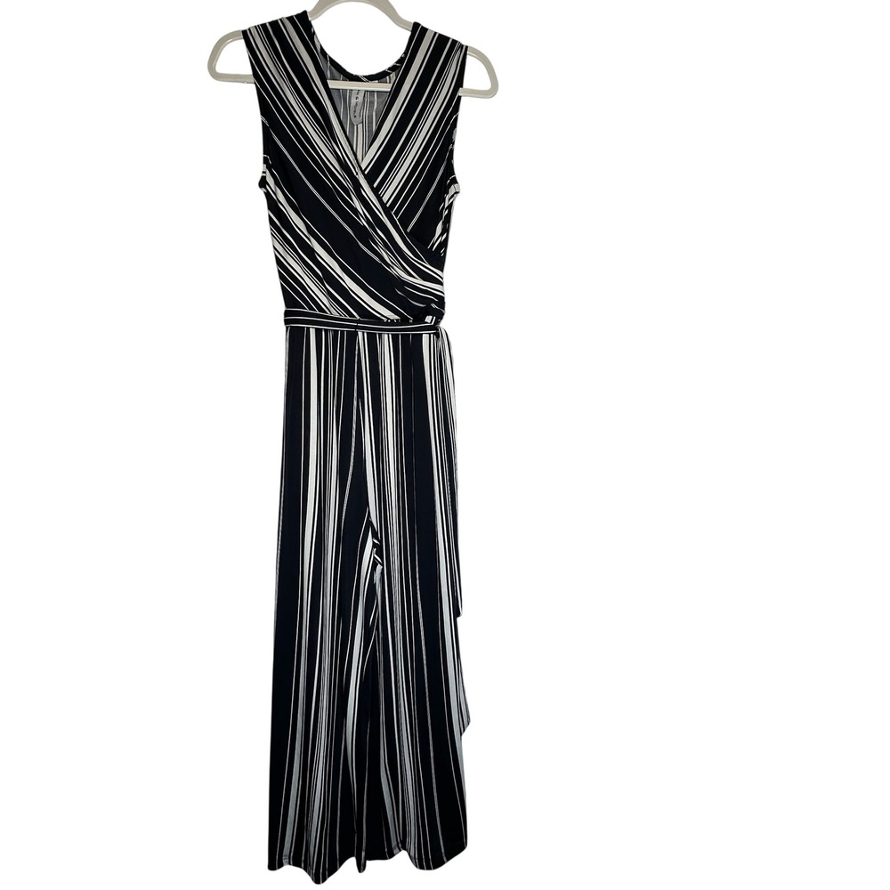 Emma & Michele Sleeveless Wide Leg Jumpsuit Navy White Striped Wrap V-Neck Small